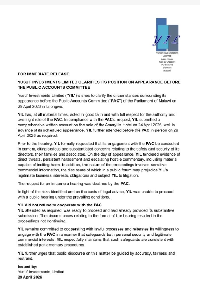Statement from Yusufu Investment